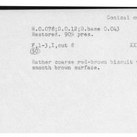 Index card with typed and handwritten information, sometimes including a sketch, of pottery from an excavation.