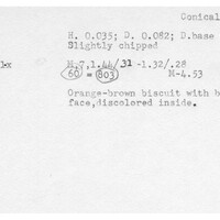 Index card with typed and handwritten information, sometimes including a sketch, of pottery from an excavation.