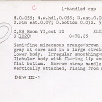 Index card with typed and handwritten information, sometimes including a sketch, of pottery from an excavation.