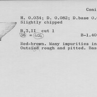 Index card with typed and handwritten information, sometimes including a sketch, of pottery from an excavation.