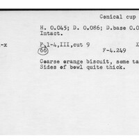 Index card with typed and handwritten information, sometimes including a sketch, of pottery from an excavation.