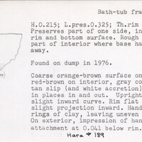 Index card with typed and handwritten information, sometimes including a sketch, of pottery from an excavation.