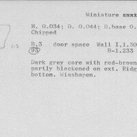 Index card with typed and handwritten information, sometimes including a sketch, of pottery from an excavation.