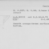 Index card with typed and handwritten information, sometimes including a sketch, of pottery from an excavation.