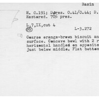Index card with typed and handwritten information, sometimes including a sketch, of pottery from an excavation.
