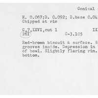 Index card with typed and handwritten information, sometimes including a sketch, of pottery from an excavation.