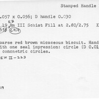 Index card with typed and handwritten information, sometimes including a sketch, of pottery from an excavation.