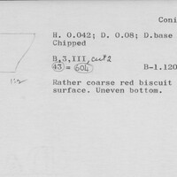 Index card with typed and handwritten information, sometimes including a sketch, of pottery from an excavation.