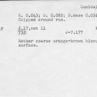 Index card with typed and handwritten information, sometimes including a sketch, of pottery from an excavation.