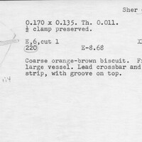 Index card with typed and handwritten information, sometimes including a sketch, of pottery from an excavation.