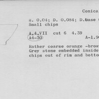 Index card with typed and handwritten information, sometimes including a sketch, of pottery from an excavation.