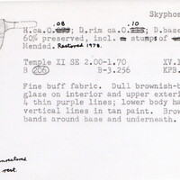 Index card with typed and handwritten information, sometimes including a sketch, of pottery from an excavation.