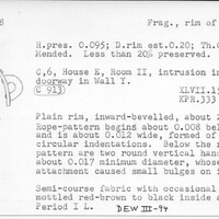 Index card with typed and handwritten information, sometimes including a sketch, of pottery from an excavation.