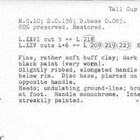 Index card with typed and handwritten information, sometimes including a sketch, of pottery from an excavation.