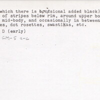 Index card with typed and handwritten information, sometimes including a sketch, of pottery from an excavation.