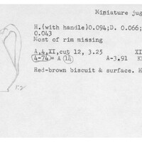 Index card with typed and handwritten information, sometimes including a sketch, of pottery from an excavation.