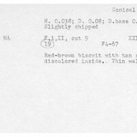 Index card with typed and handwritten information, sometimes including a sketch, of pottery from an excavation.