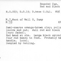 Index card with typed and handwritten information, sometimes including a sketch, of pottery from an excavation.