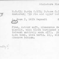 Index card with typed and handwritten information, sometimes including a sketch, of pottery from an excavation.