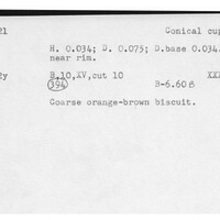 Index card with typed and handwritten information, sometimes including a sketch, of pottery from an excavation.