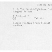 Index card with typed and handwritten information, sometimes including a sketch, of pottery from an excavation.
