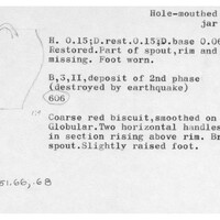 Index card with typed and handwritten information, sometimes including a sketch, of pottery from an excavation.