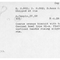 Index card with typed and handwritten information, sometimes including a sketch, of pottery from an excavation.