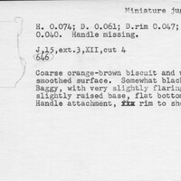 Index card with typed and handwritten information, sometimes including a sketch, of pottery from an excavation.