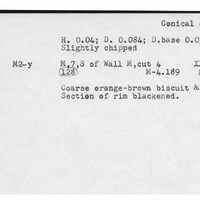 Index card with typed and handwritten information, sometimes including a sketch, of pottery from an excavation.