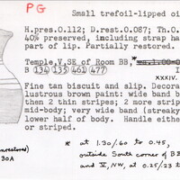Index card with typed and handwritten information, sometimes including a sketch, of pottery from an excavation.