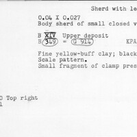 Index card with typed and handwritten information, sometimes including a sketch, of pottery from an excavation.