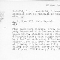 Index card with typed and handwritten information, sometimes including a sketch, of pottery from an excavation.