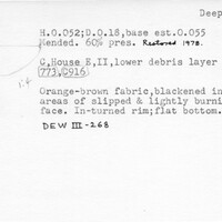 Index card with typed and handwritten information, sometimes including a sketch, of pottery from an excavation.