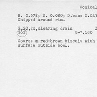Index card with typed and handwritten information, sometimes including a sketch, of pottery from an excavation.