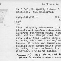 Index card with typed and handwritten information, sometimes including a sketch, of pottery from an excavation.