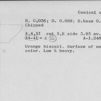 Index card with typed and handwritten information, sometimes including a sketch, of pottery from an excavation.