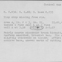 Index card with typed and handwritten information, sometimes including a sketch, of pottery from an excavation.