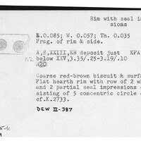 Index card with typed and handwritten information, sometimes including a sketch, of pottery from an excavation.