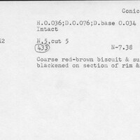 Index card with typed and handwritten information, sometimes including a sketch, of pottery from an excavation.
