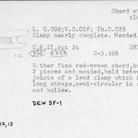 Index card with typed and handwritten information, sometimes including a sketch, of pottery from an excavation.