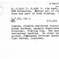 Index card with typed and handwritten information, sometimes including a sketch, of pottery from an excavation.
