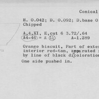 Index card with typed and handwritten information, sometimes including a sketch, of pottery from an excavation.