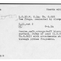 Index card with typed and handwritten information, sometimes including a sketch, of pottery from an excavation.