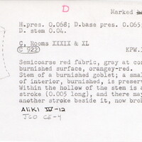 Index card with typed and handwritten information, sometimes including a sketch, of pottery from an excavation.