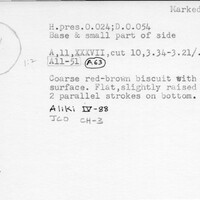 Index card with typed and handwritten information, sometimes including a sketch, of pottery from an excavation.