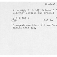 Index card with typed and handwritten information, sometimes including a sketch, of pottery from an excavation.