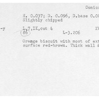 Index card with typed and handwritten information, sometimes including a sketch, of pottery from an excavation.