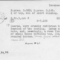 Index card with typed and handwritten information, sometimes including a sketch, of pottery from an excavation.