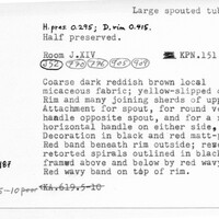 Index card with typed and handwritten information, sometimes including a sketch, of pottery from an excavation.