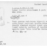 Index card with typed and handwritten information, sometimes including a sketch, of pottery from an excavation.